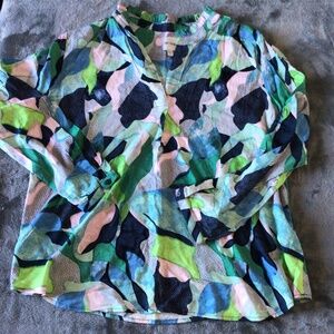 Nic+Zoe‎ Women's Blue Ruffled Split Neck Long Sleeve Blouse Top Size L